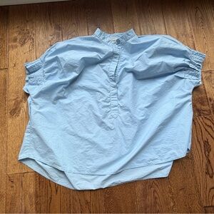 MEIMEIJ Italy Button Front Pleated Sleeve blue Blouse Shirt Short Sleeve cotton